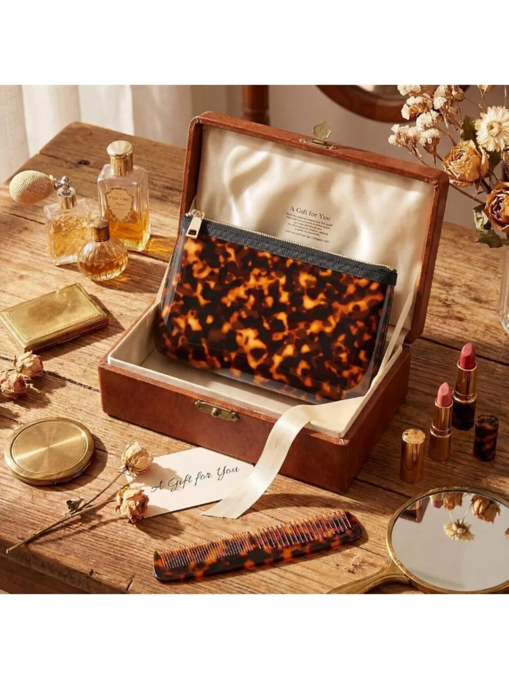 Retro Tortoise Shell Makeup Bag - Waterproof Cosmetic Pouch for Travel & Daily